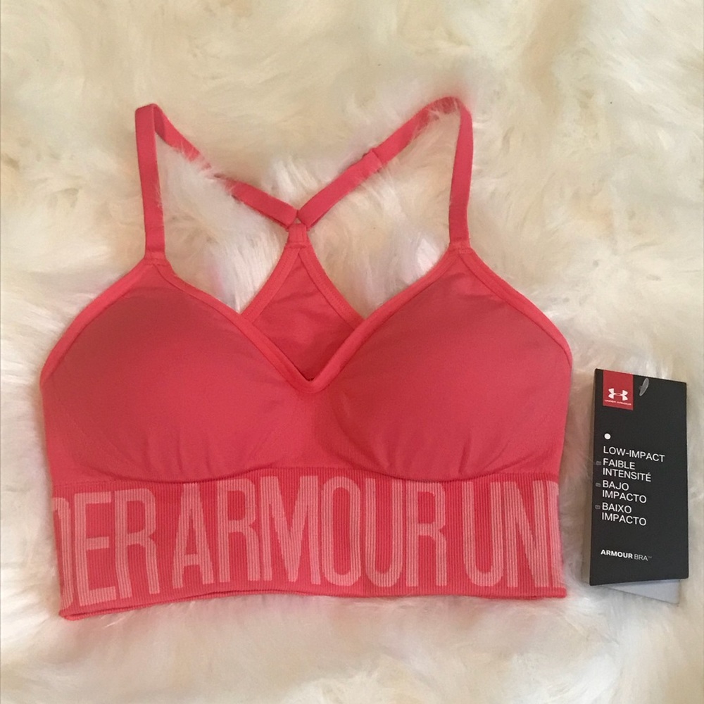 NWT Under Armour coral pink UA logo sports bra xs